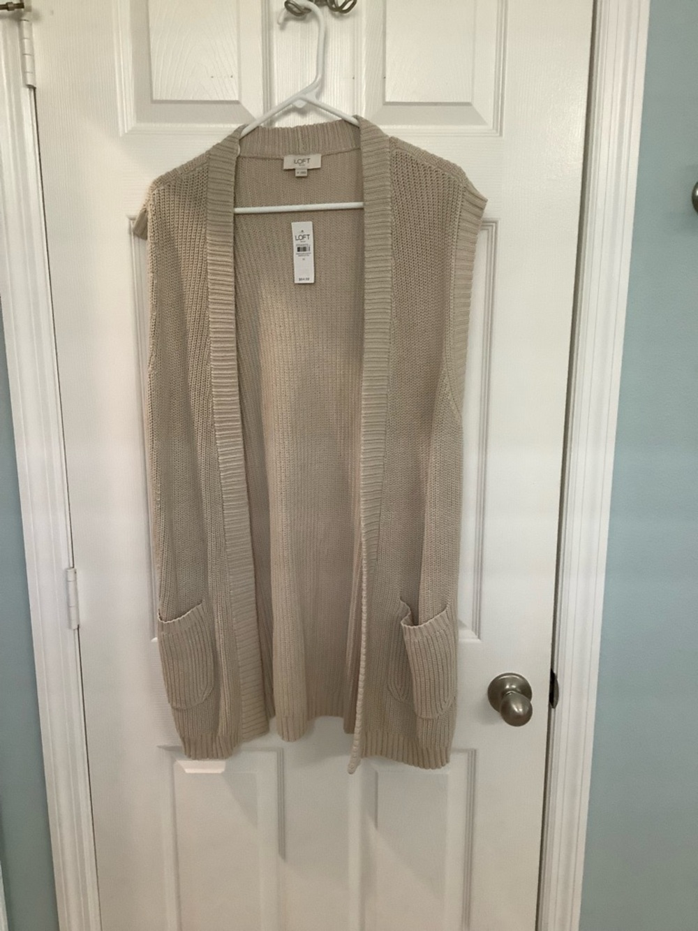 LOFT Beige Open-Front Sleeveless Knit Cardigan
